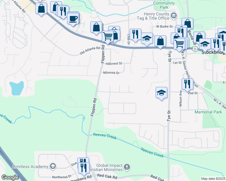 map of restaurants, bars, coffee shops, grocery stores, and more near 207 Glendale Court in Stockbridge