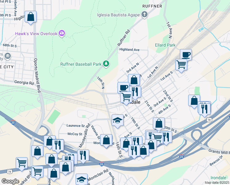 map of restaurants, bars, coffee shops, grocery stores, and more near 210 20th Street North in Irondale