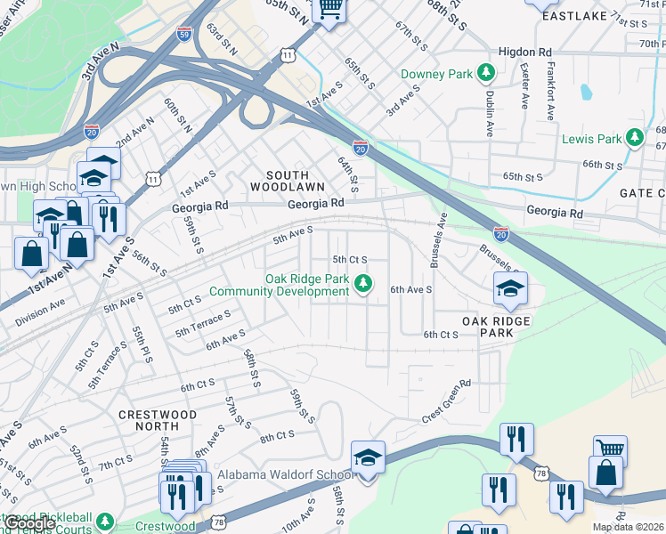 map of restaurants, bars, coffee shops, grocery stores, and more near 521 63rd Street South in Birmingham