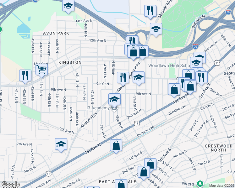 map of restaurants, bars, coffee shops, grocery stores, and more near 4908 Messer Airport Highway in Birmingham