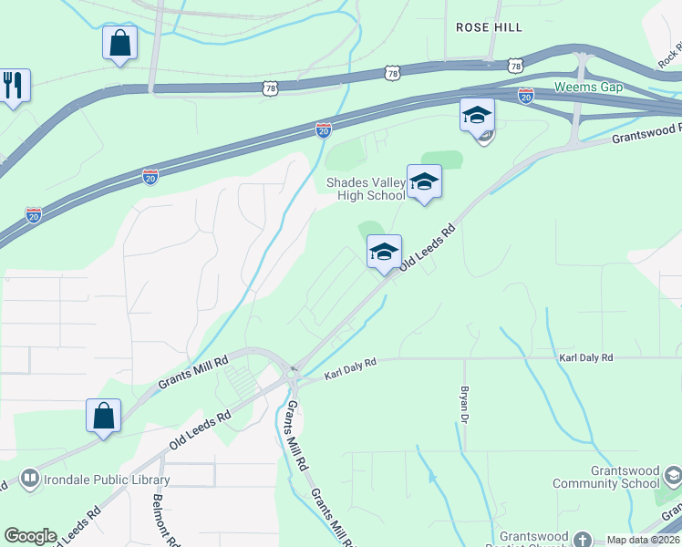 map of restaurants, bars, coffee shops, grocery stores, and more near 5998 Old Leeds Road in Irondale