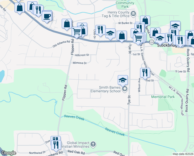 map of restaurants, bars, coffee shops, grocery stores, and more near 149 Appleton Boulevard in Stockbridge