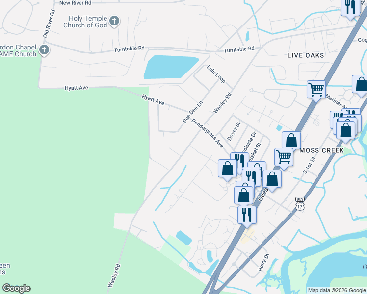 map of restaurants, bars, coffee shops, grocery stores, and more near 5095 Pee Dee Lane in Murrells Inlet