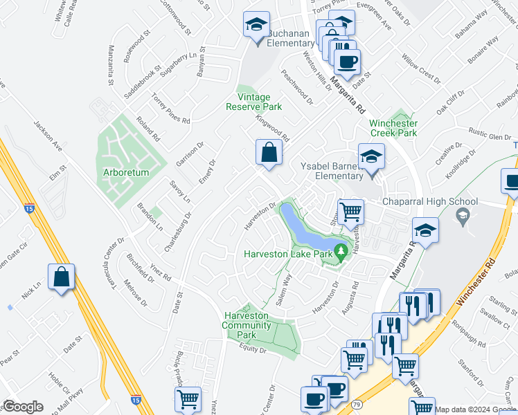 map of restaurants, bars, coffee shops, grocery stores, and more near 28617 Bar Harbor Lane in Temecula