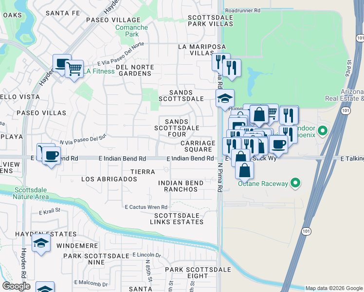 map of restaurants, bars, coffee shops, grocery stores, and more near 8683 East Vía de Belleza in Scottsdale