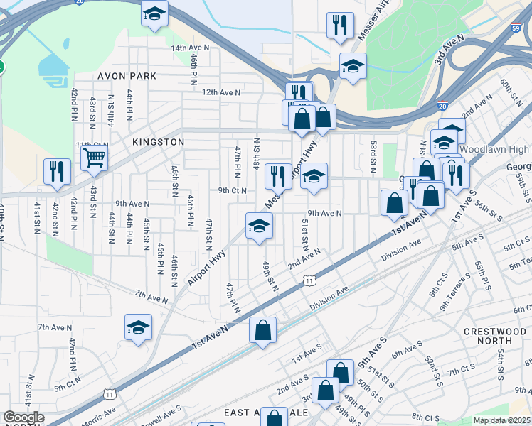 map of restaurants, bars, coffee shops, grocery stores, and more near 4908 Messer Airport Highway in Birmingham