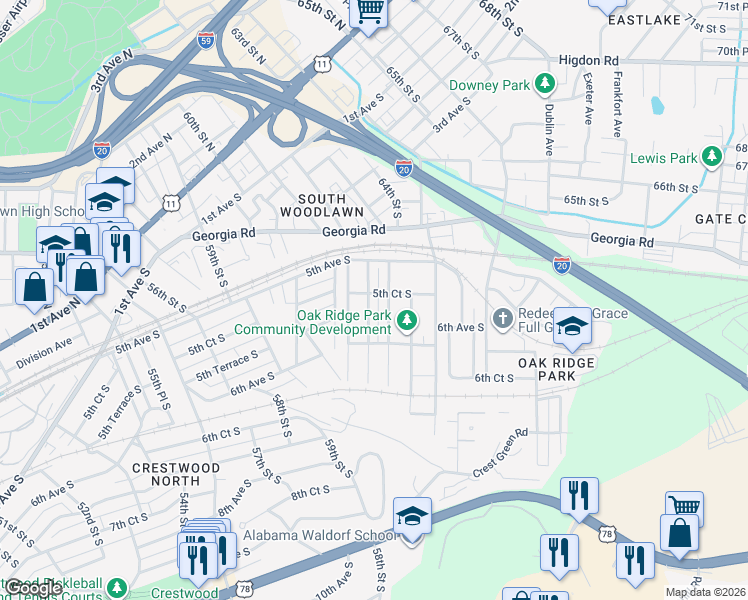 map of restaurants, bars, coffee shops, grocery stores, and more near 521 63rd Street South in Birmingham