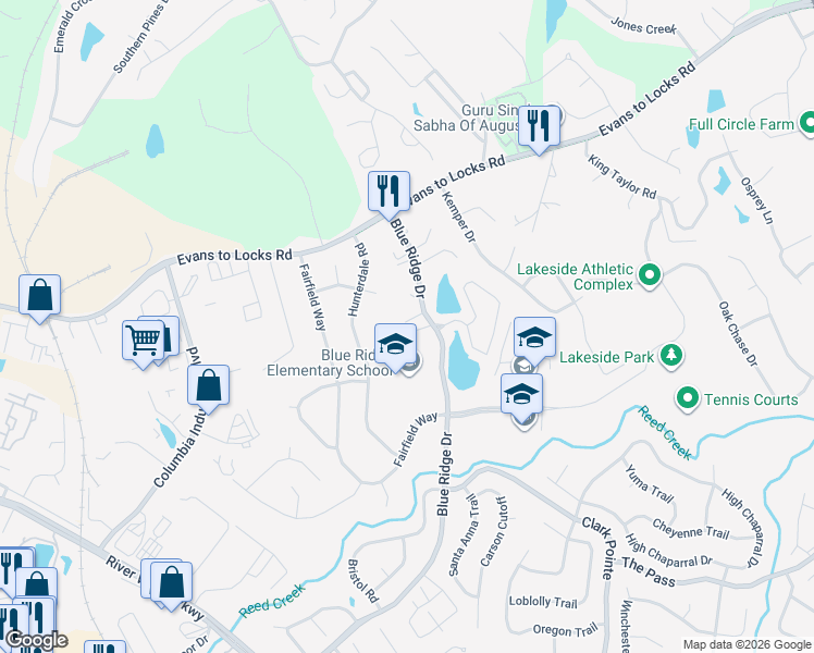 map of restaurants, bars, coffee shops, grocery stores, and more near 1000 Micah Terrace in Evans