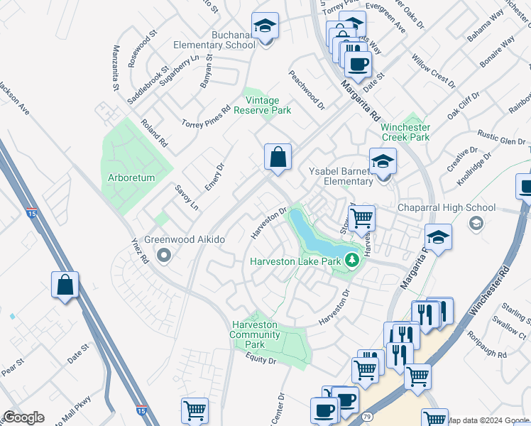 map of restaurants, bars, coffee shops, grocery stores, and more near 26611 Bar Harbor Lane in Temecula