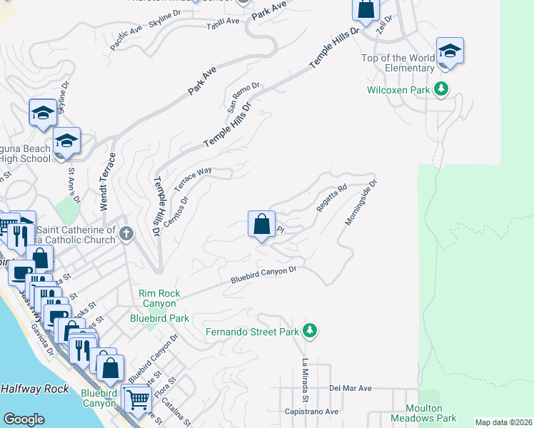 map of restaurants, bars, coffee shops, grocery stores, and more near 1510 Bluebird Canyon Drive in Laguna Beach