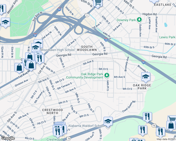 map of restaurants, bars, coffee shops, grocery stores, and more near 521 61st Street South in Birmingham