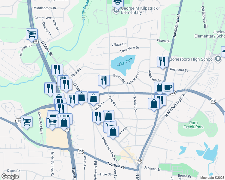 map of restaurants, bars, coffee shops, grocery stores, and more near 986 Georgia 138 in Jonesboro