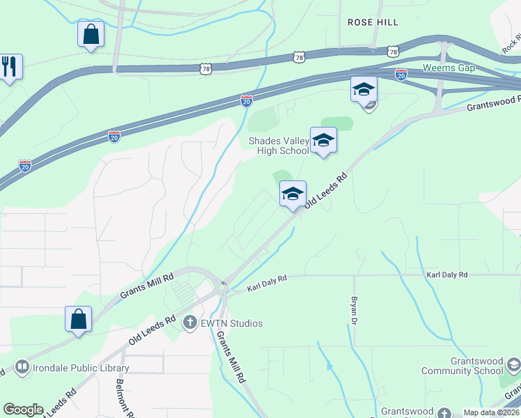 map of restaurants, bars, coffee shops, grocery stores, and more near 5998 Old Leeds Road in Irondale