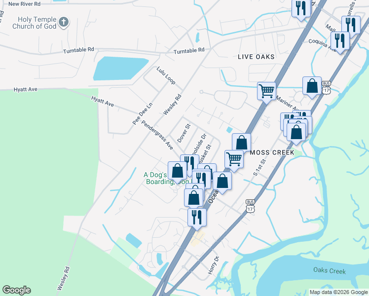map of restaurants, bars, coffee shops, grocery stores, and more near 5 Dover Street in Murrells Inlet
