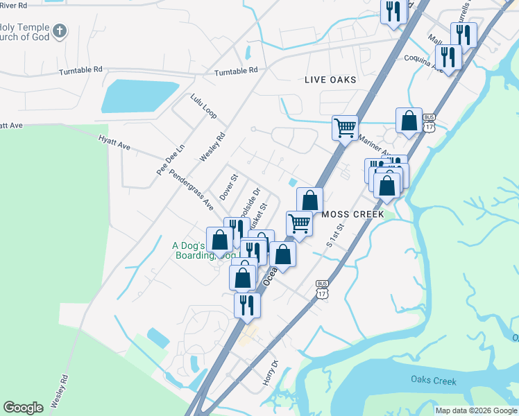 map of restaurants, bars, coffee shops, grocery stores, and more near 15 Poolside Drive in Murrells Inlet