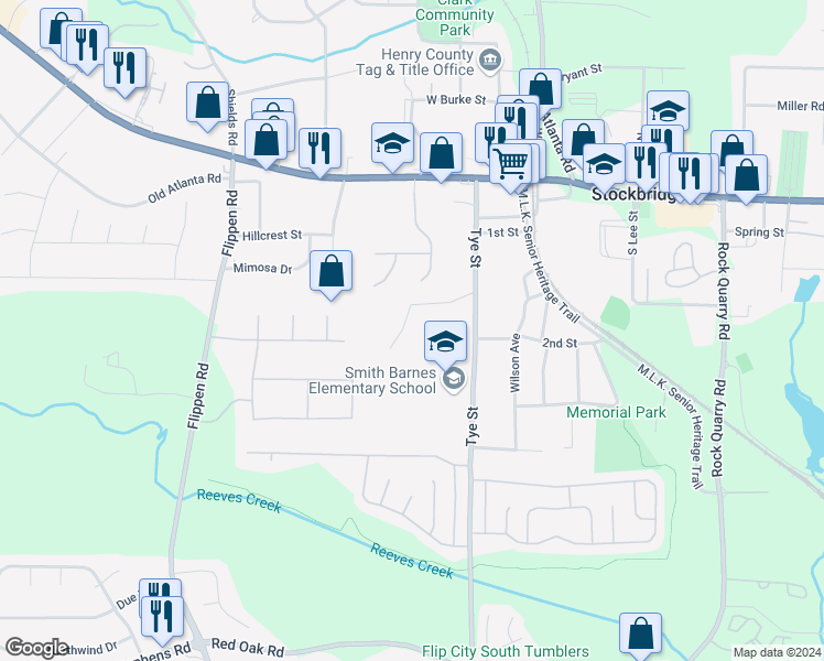 map of restaurants, bars, coffee shops, grocery stores, and more near 122 Rosenwald Circle in Stockbridge