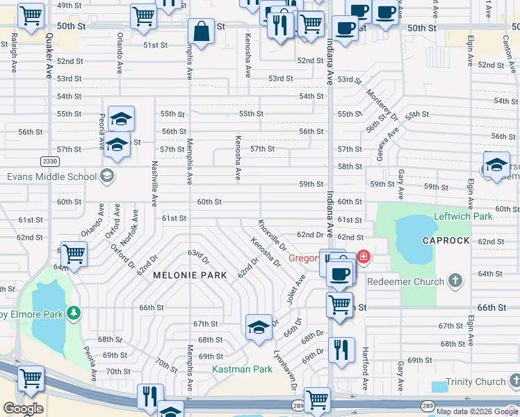 map of restaurants, bars, coffee shops, grocery stores, and more near 5901-5999 Knoxville Ave in Lubbock