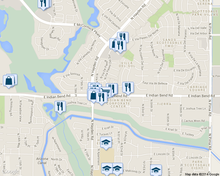 map of restaurants, bars, coffee shops, grocery stores, and more near 7106 North Vía De Paz in Scottsdale