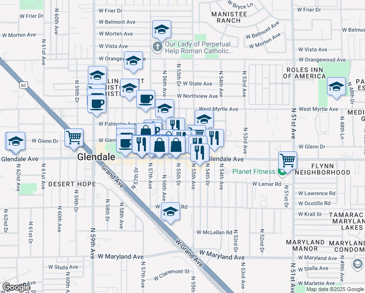 map of restaurants, bars, coffee shops, grocery stores, and more near 7102 North 55th Drive in Glendale