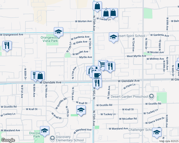 map of restaurants, bars, coffee shops, grocery stores, and more near 7508 West Glenn Drive in Glendale