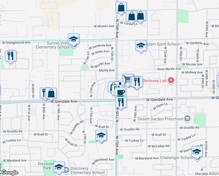 map of restaurants, bars, coffee shops, grocery stores, and more near 7508 West Glenn Drive in Glendale
