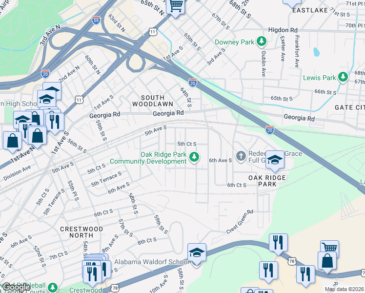 map of restaurants, bars, coffee shops, grocery stores, and more near 521 63rd Street South in Birmingham