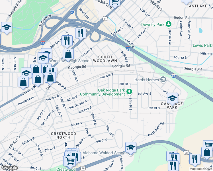 map of restaurants, bars, coffee shops, grocery stores, and more near 521 61st Street South in Birmingham