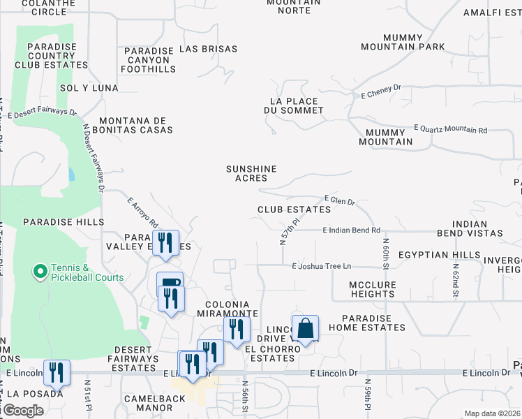 map of restaurants, bars, coffee shops, grocery stores, and more near 5705 East Glen Drive in Paradise Valley