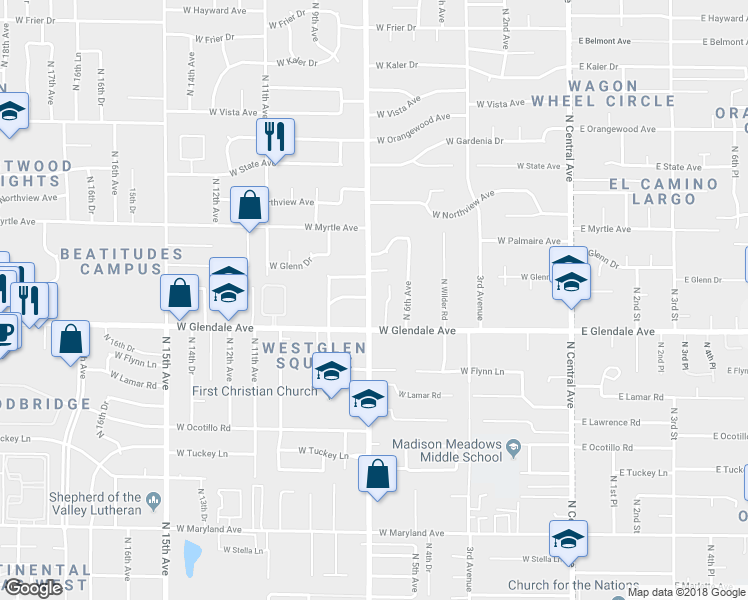 map of restaurants, bars, coffee shops, grocery stores, and more near 7033 North Barbados Place in Phoenix