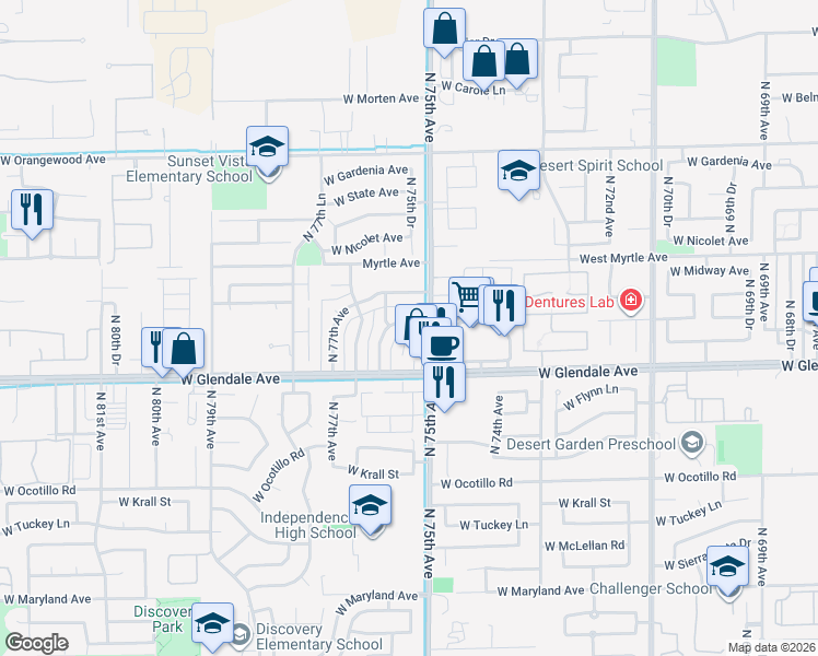map of restaurants, bars, coffee shops, grocery stores, and more near 7508 West Glenn Drive in Glendale