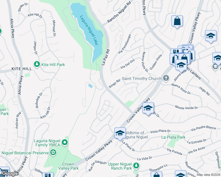 map of restaurants, bars, coffee shops, grocery stores, and more near 24515 Kings Road in Laguna Niguel