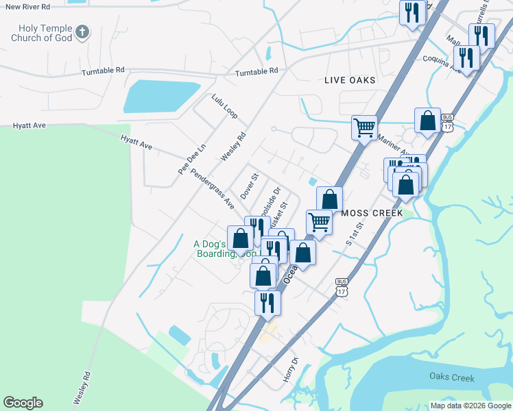 map of restaurants, bars, coffee shops, grocery stores, and more near 5 Dover Street in Murrells Inlet