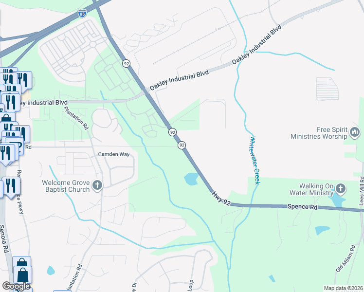 map of restaurants, bars, coffee shops, grocery stores, and more near 5315 Harris Road in Fairburn