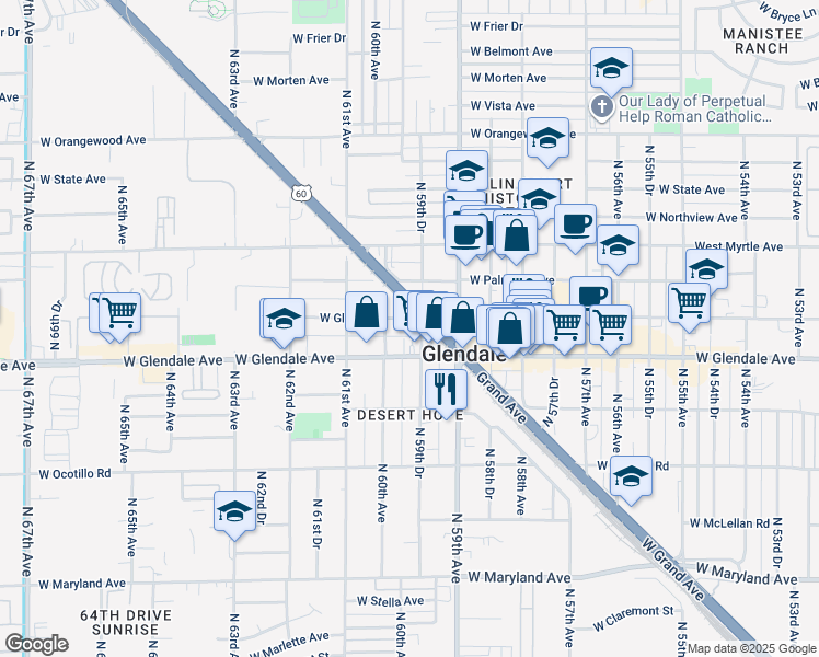 map of restaurants, bars, coffee shops, grocery stores, and more near 5947 West Glenn Drive in Glendale