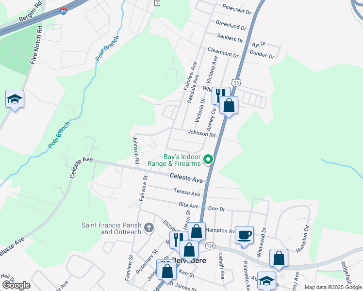 map of restaurants, bars, coffee shops, grocery stores, and more near 231 Johnson Road in Belvedere