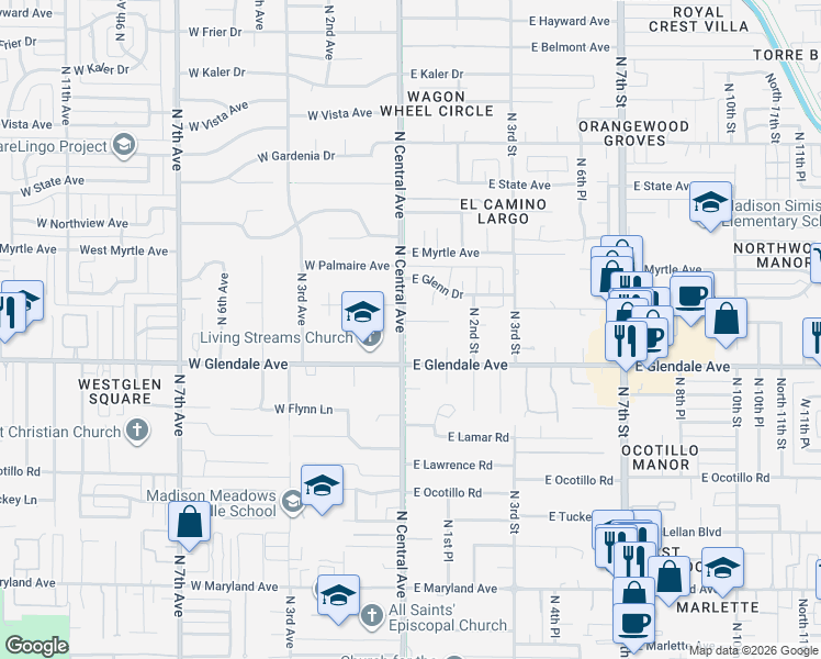map of restaurants, bars, coffee shops, grocery stores, and more near 7051 North 1st Avenue in Phoenix