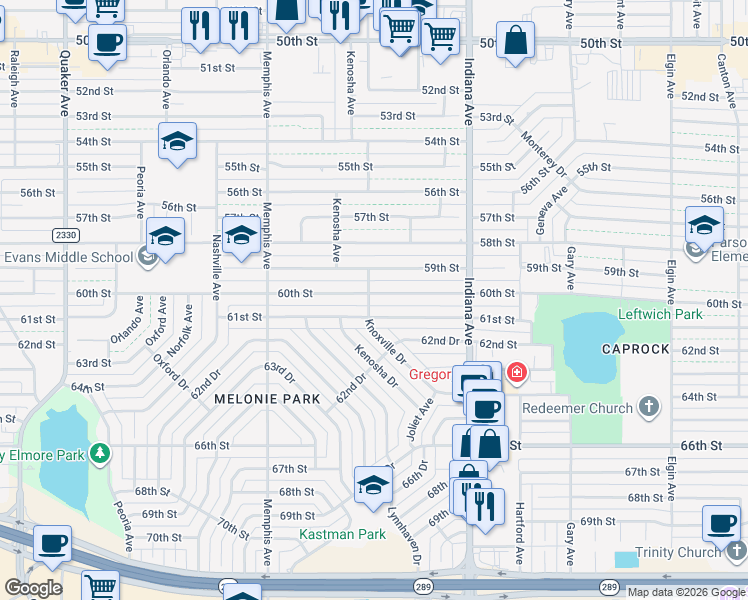 map of restaurants, bars, coffee shops, grocery stores, and more near 5901-5999 Knoxville Ave in Lubbock