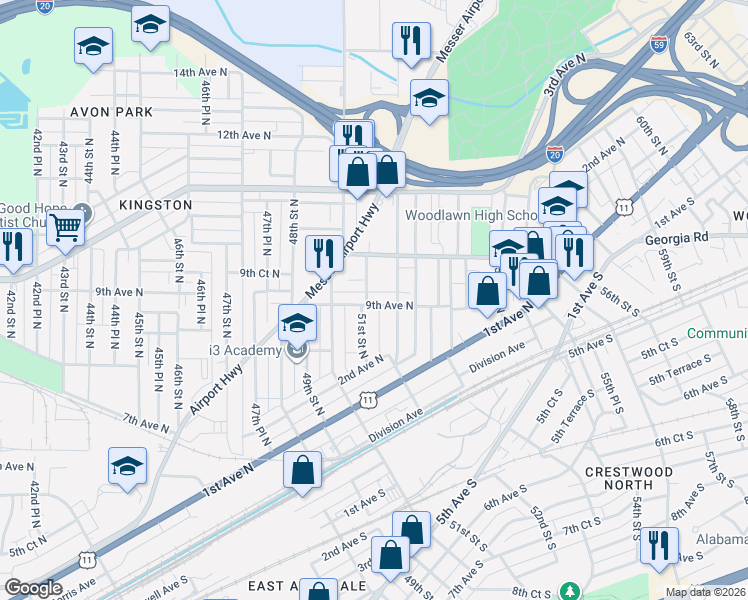 map of restaurants, bars, coffee shops, grocery stores, and more near in Birmingham