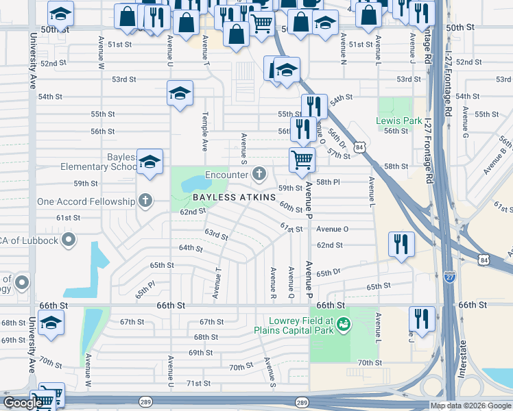 map of restaurants, bars, coffee shops, grocery stores, and more near 1925 59th Street in Lubbock