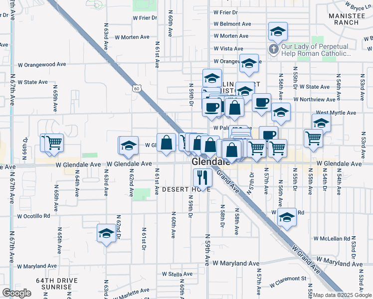 map of restaurants, bars, coffee shops, grocery stores, and more near 5947 West Glenn Drive in Glendale