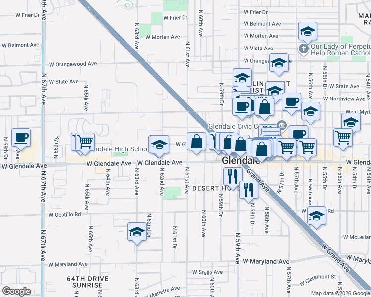 map of restaurants, bars, coffee shops, grocery stores, and more near 6102 West Glenn Drive in Glendale