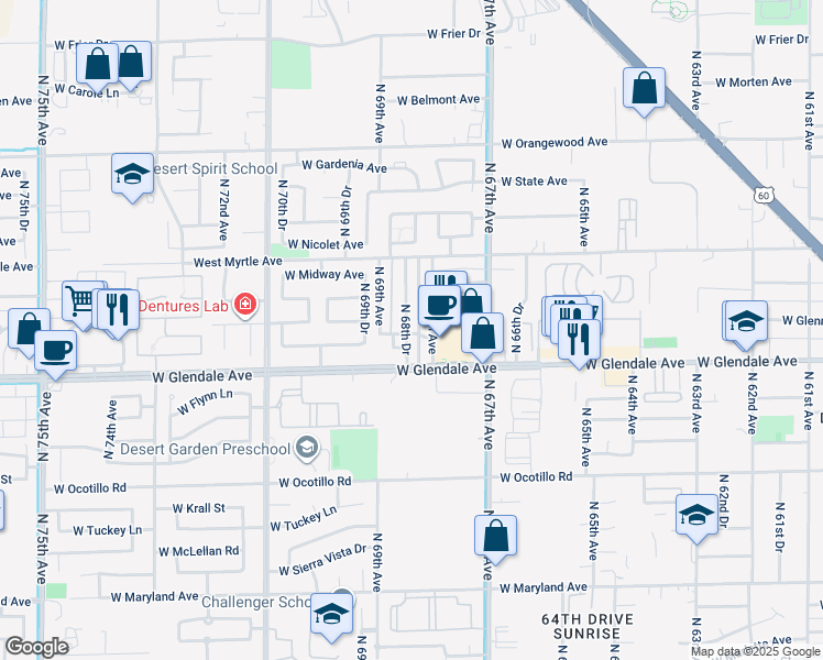 map of restaurants, bars, coffee shops, grocery stores, and more near 7113 North 68th Drive in Glendale