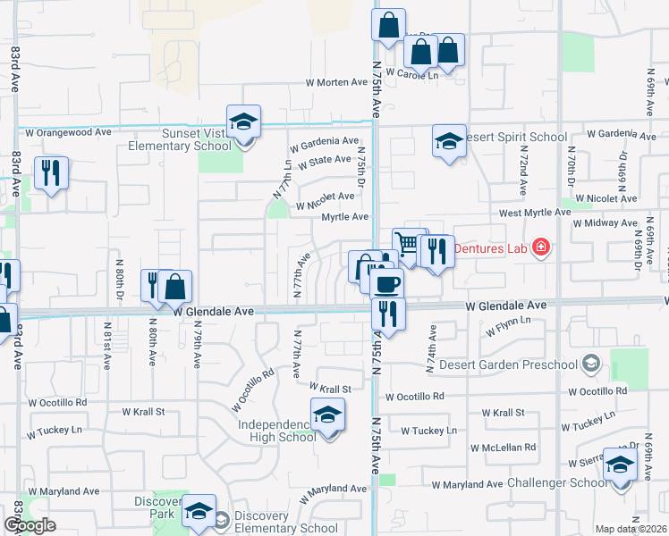 map of restaurants, bars, coffee shops, grocery stores, and more near 7040 North 76th Avenue in Glendale