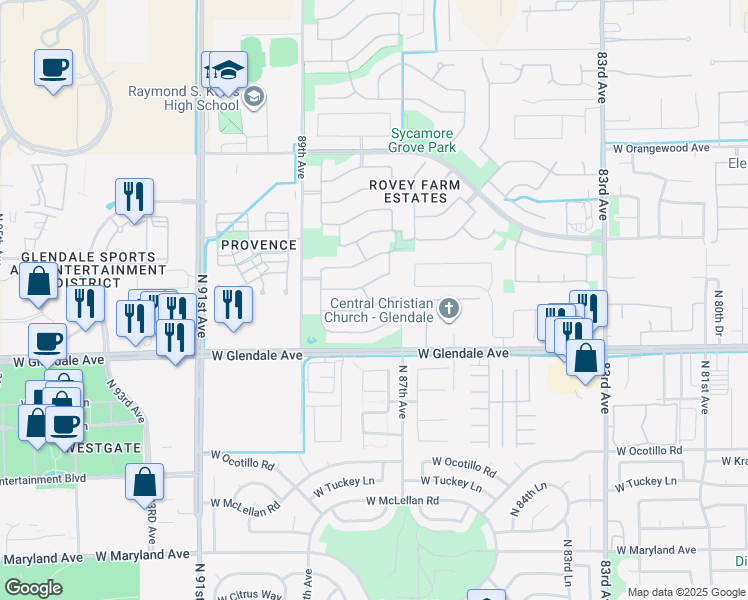 map of restaurants, bars, coffee shops, grocery stores, and more near 8772 West Midway Avenue in Glendale