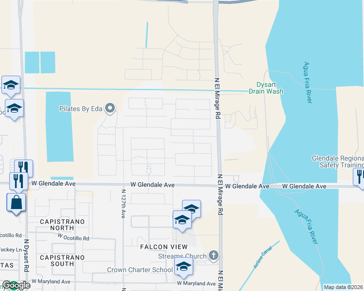 map of restaurants, bars, coffee shops, grocery stores, and more near 12456 West Myrtle Court in Glendale