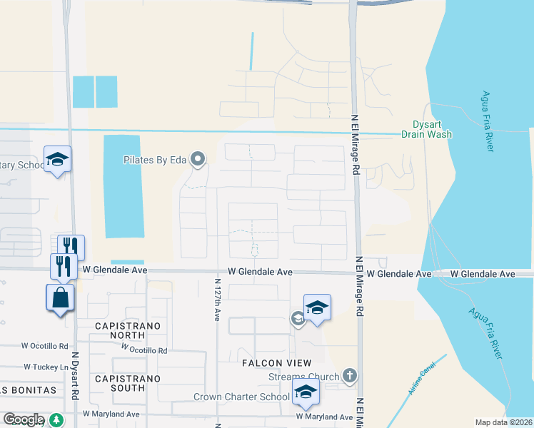 map of restaurants, bars, coffee shops, grocery stores, and more near 12537 West Myrtle Avenue in Maricopa County