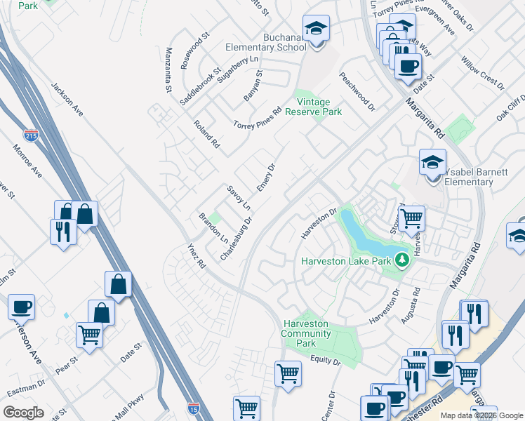 map of restaurants, bars, coffee shops, grocery stores, and more near 40325 Charlesburg Drive in Temecula