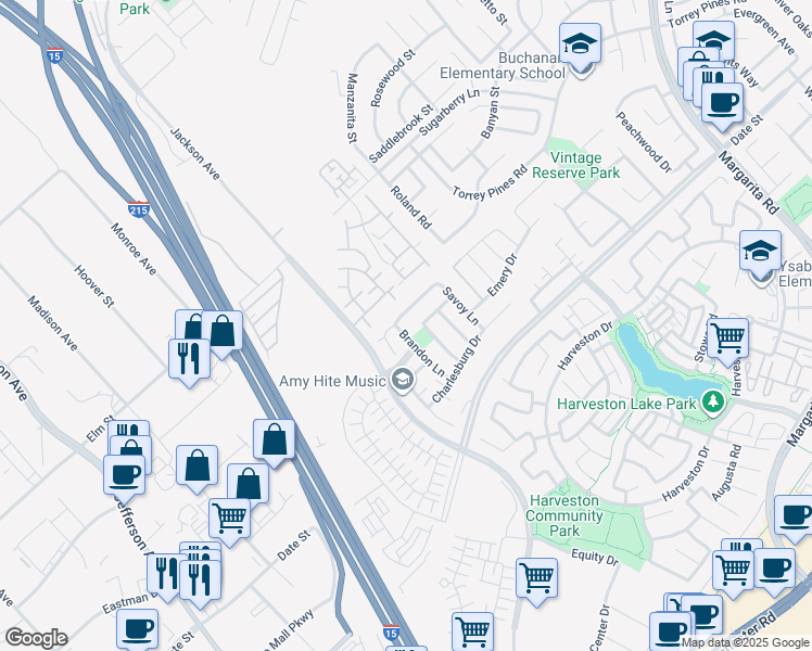 map of restaurants, bars, coffee shops, grocery stores, and more near 40381 Wenham Way in Temecula