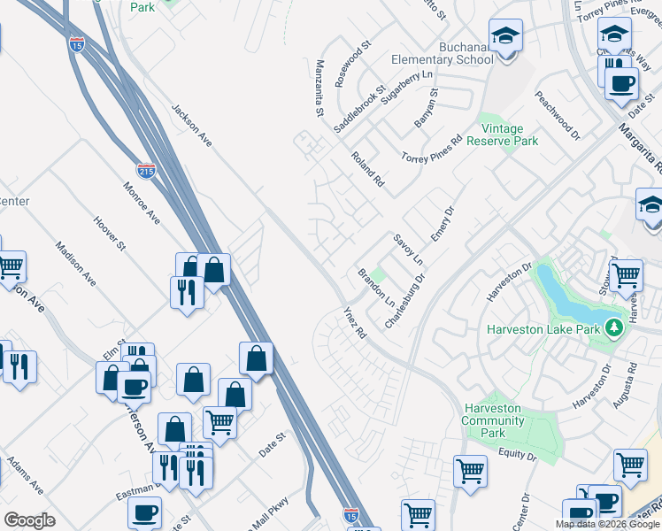 map of restaurants, bars, coffee shops, grocery stores, and more near 26421 Ynez Road in Temecula