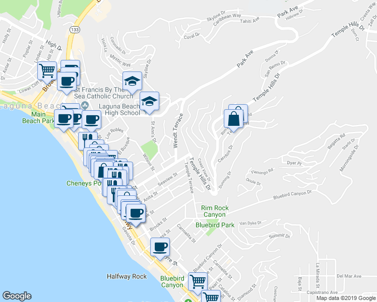 map of restaurants, bars, coffee shops, grocery stores, and more near 821 Temple Hills Drive in Laguna Beach